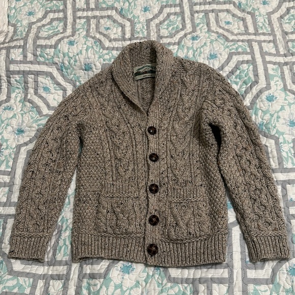 Aran Crafts Boys Shawl Collar Cardigan Sz 4-5 Pockets Fisherman Sweater Wool - Picture 2 of 9
